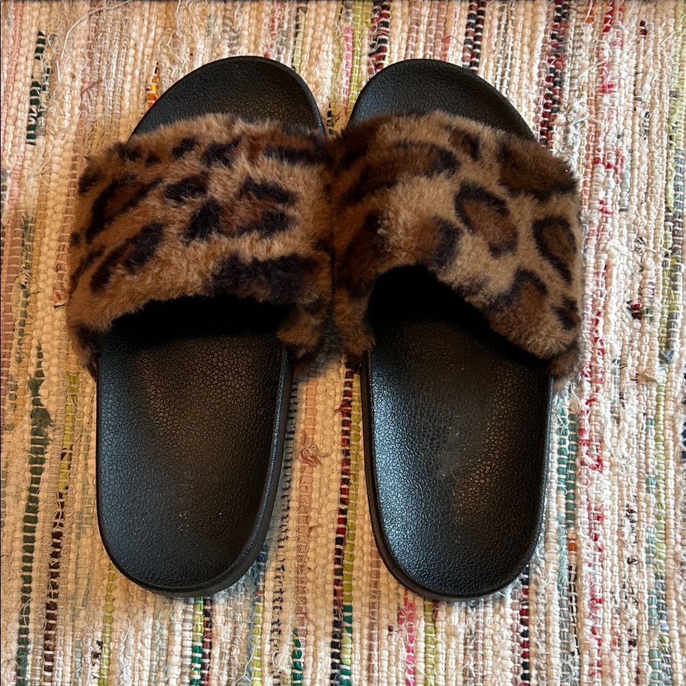 Leopard Print Fuzzy Slide Sandals - Madden Girl